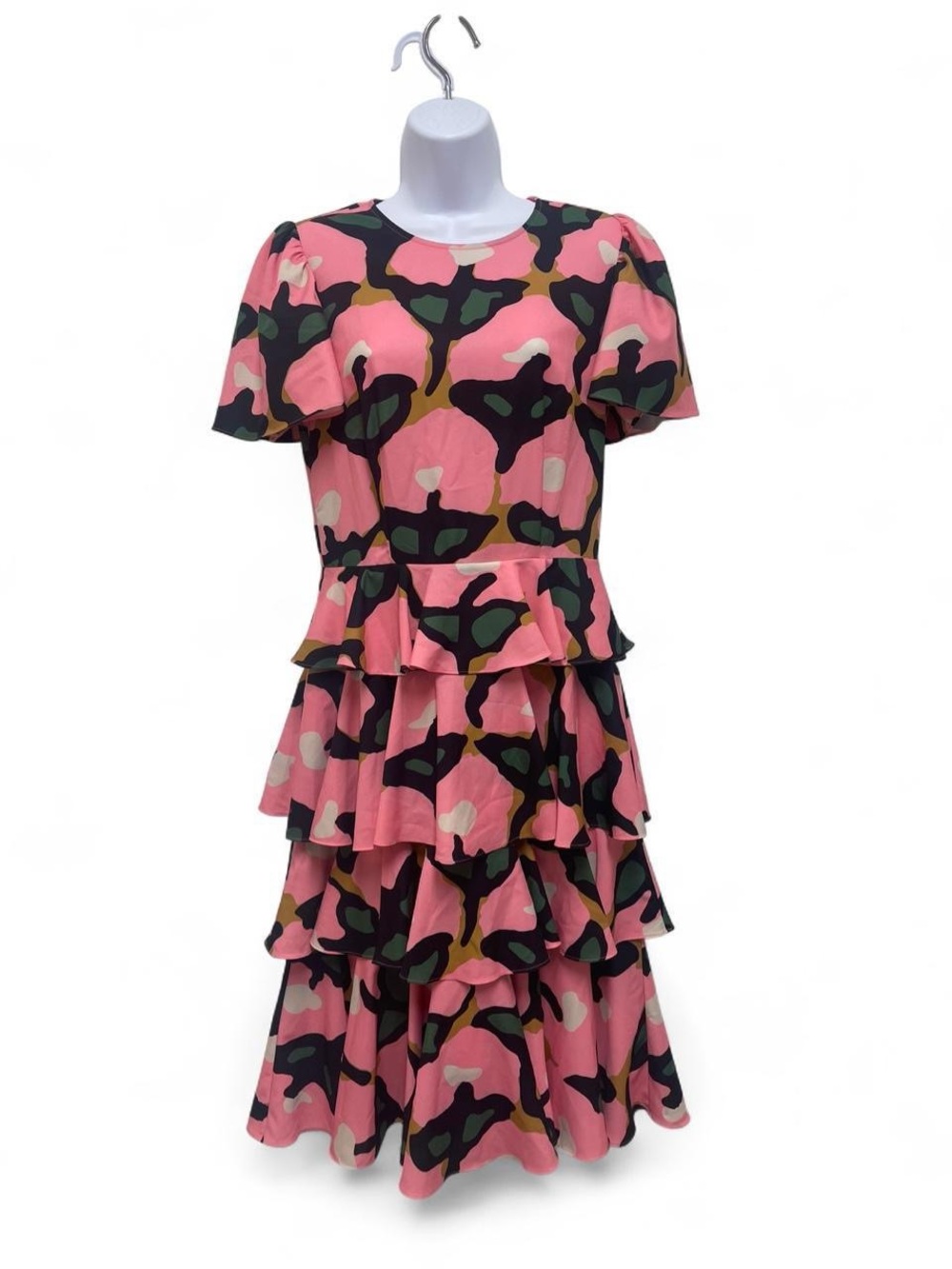RHODE Pink Abstract Tiered Ruffle Midi Dress